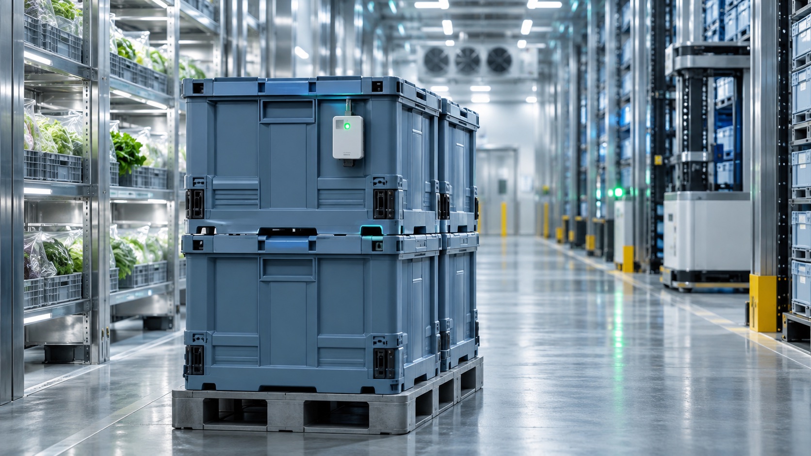 Contenitori con sensore in un magazzino refrigerato