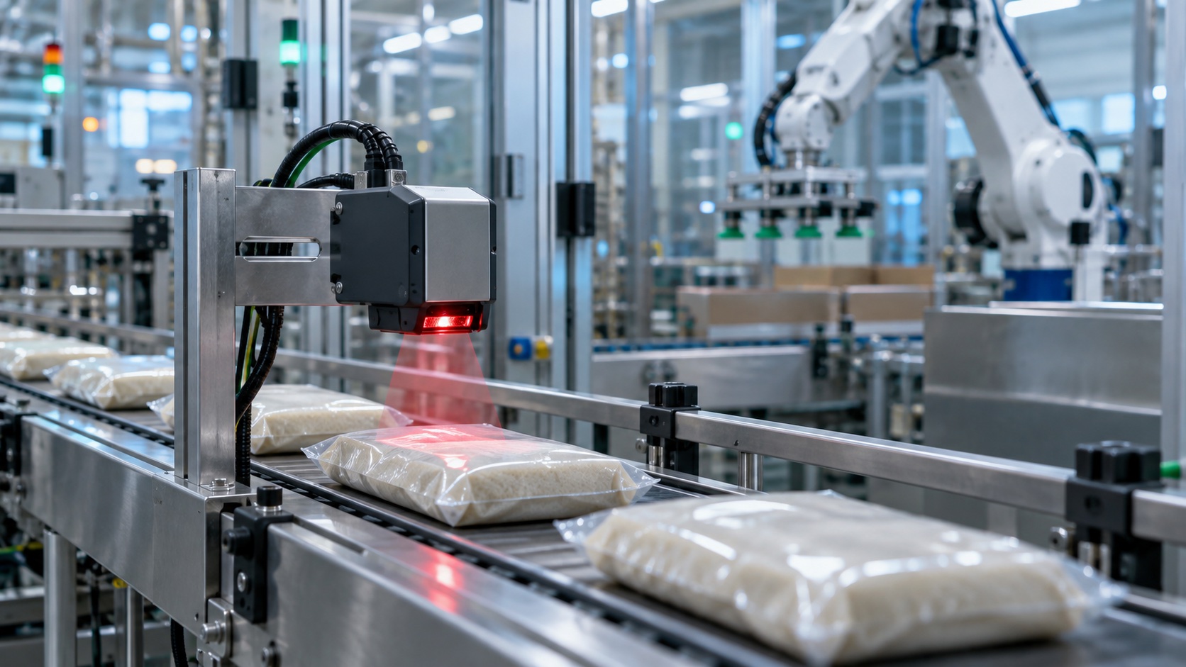 Lettore ottico su una linea di confezionamento automatizzata
